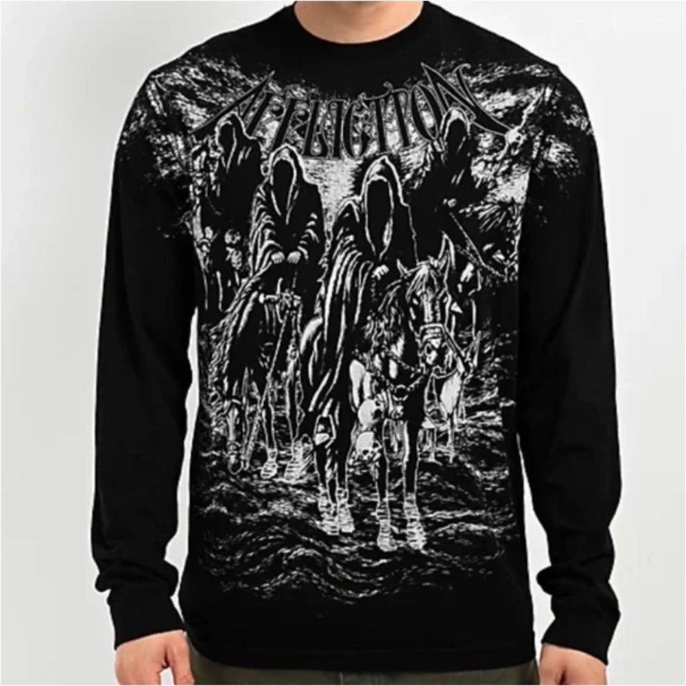 Affliction Men’s M Affliction Black Night Horse Faded Long Sleeve Crew Neck